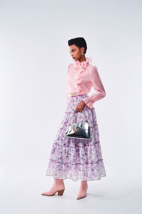 Gradient Lilac Organza Cloud Pattern Maxi Skirt,Layered skirts