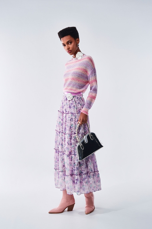 Gradient Lilac Organza Cloud Pattern Maxi Skirt,Layered skirts