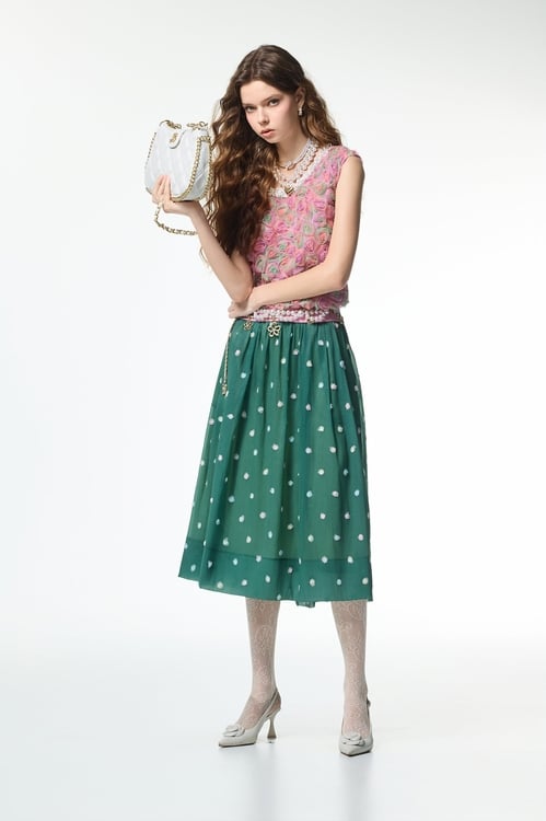 Jade Green Floral Detail Midi Skirt,Embroidered,Embroidered