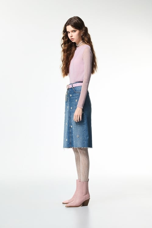 Pearl Floral Detail Denim Skirt,Denim,Denim