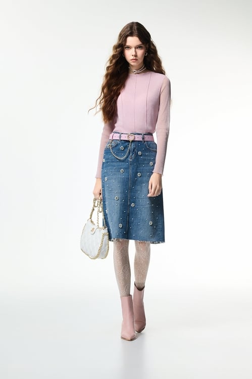 Pearl Floral Detail Denim Skirt,Denim,Denim