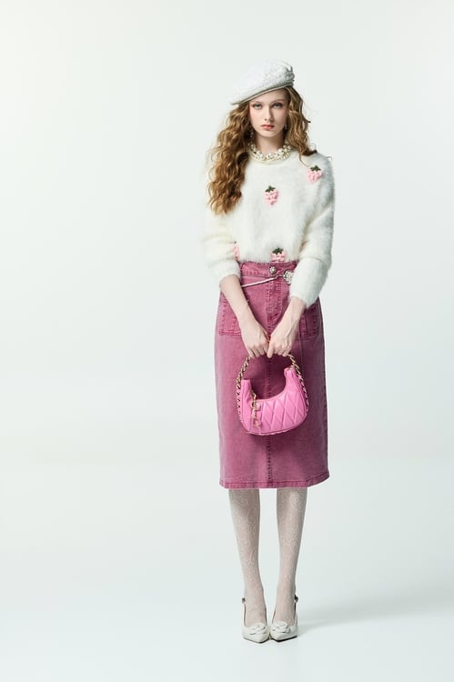 Pink Midi Denim Skirt,,Pink Midi Denim Skirt,Season (AW) Look,Mesh fabric,Tutu skirts,pearl,Mini skirts,Season (AW) Look,Denim,Denim skirts,pearl,Season (AW) Look,Cotton