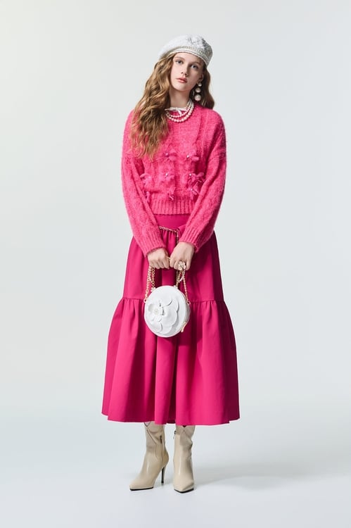 Magenta Pink Maxi Tiered Skirt,Midi skirts