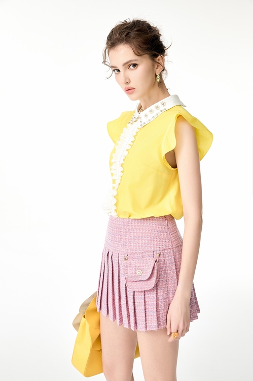 Pleated Tweed Short Skirt,Mini skirts