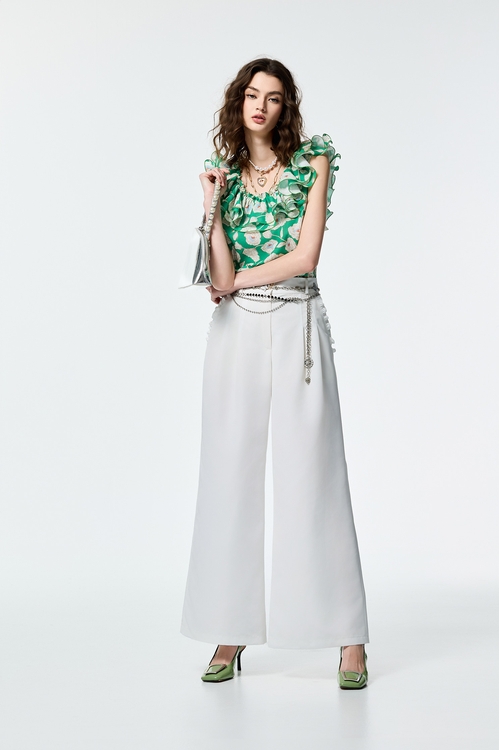 Wide Leg Pants With Butterfly Chain Belt,City Feminine