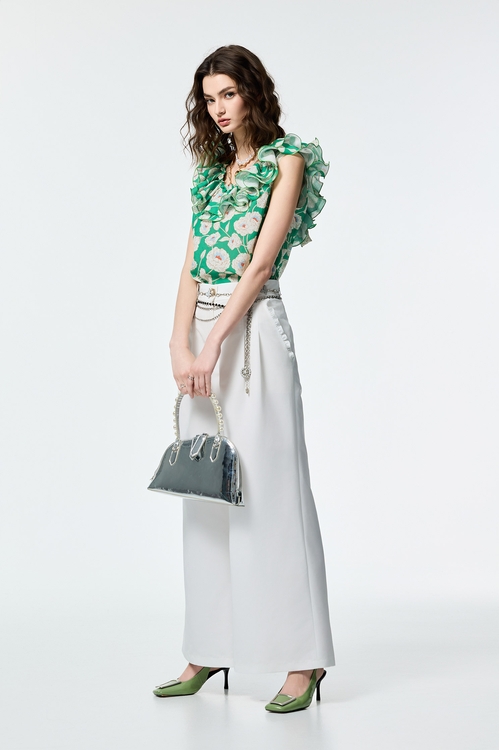 Wide Leg Pants With Butterfly Chain Belt,City Feminine