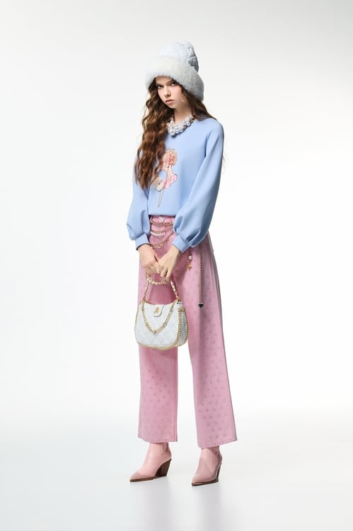 Sequin Detail Pink Wide Leg Jeans,Denim,Denim