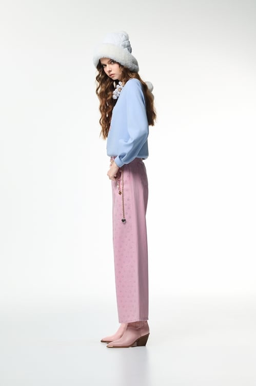 Sequin Detail Pink Wide Leg Jeans,Denim,Denim