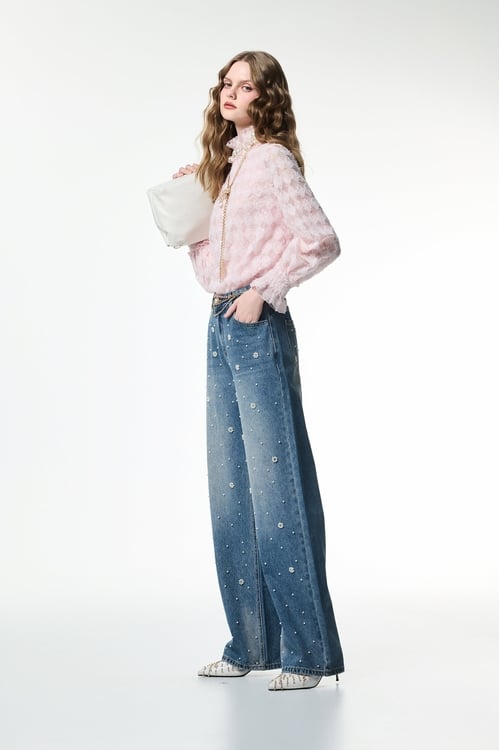 Pearl Floral Detail Wide Leg Jeans,Denim,Denim