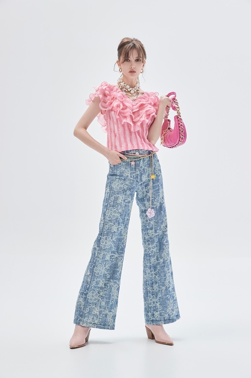 Floral Lace Detail Boot Leg Jeans,Denim pants