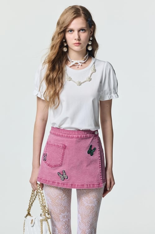 Pink Denim Butterfly Motif Skorts,Embroidered,Embroidered