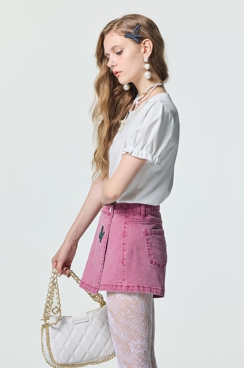 Pink Denim Butterfly Motif Skorts,Embroidered,Embroidered