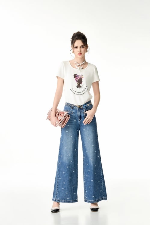 Bow Graphic Wide Leg Jeans,Wide-leg jeans