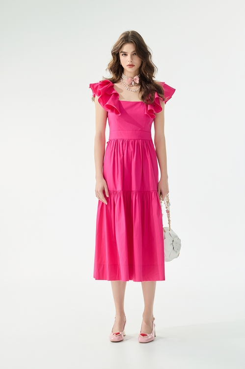 Fuchsia Pink Ruffle Detail Dress,,Fuchsia Pink Ruffle Detail Dress,Season (SS) Look,Mesh fabric,Midi skirts,Jackets,Outerwear,Season (SS) Look,Dresses,Season (SS) Look