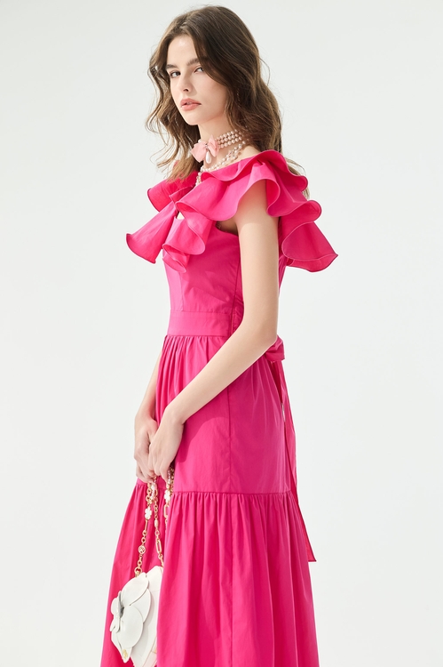 Fuchsia Pink Ruffle Detail Dress,,Fuchsia Pink Ruffle Detail Dress,Season (SS) Look,Mesh fabric,Midi skirts,Jackets,Outerwear,Season (SS) Look,Dresses,Season (SS) Look