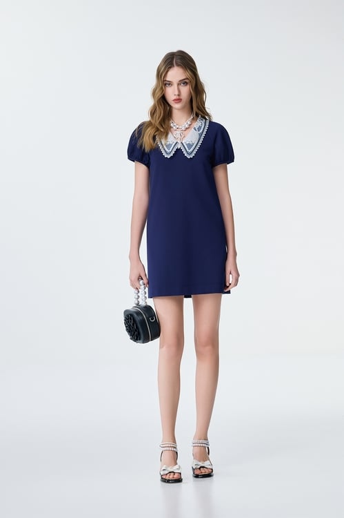 Embroidery Organza Collar Detail Navy Short Dress,V-neck dresses
