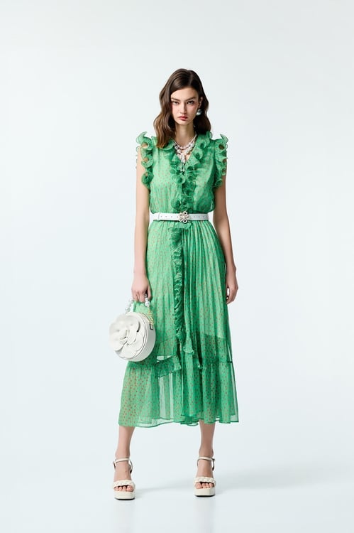 Polka Dot Print Ruffle Detail Chiffon Dress,Chiffon dresses