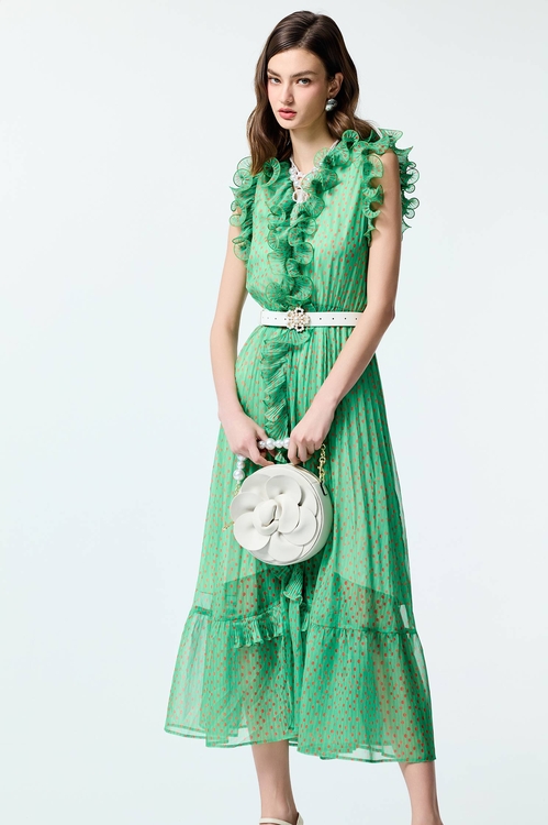 Polka Dot Print Ruffle Detail Chiffon Dress,Chiffon dresses