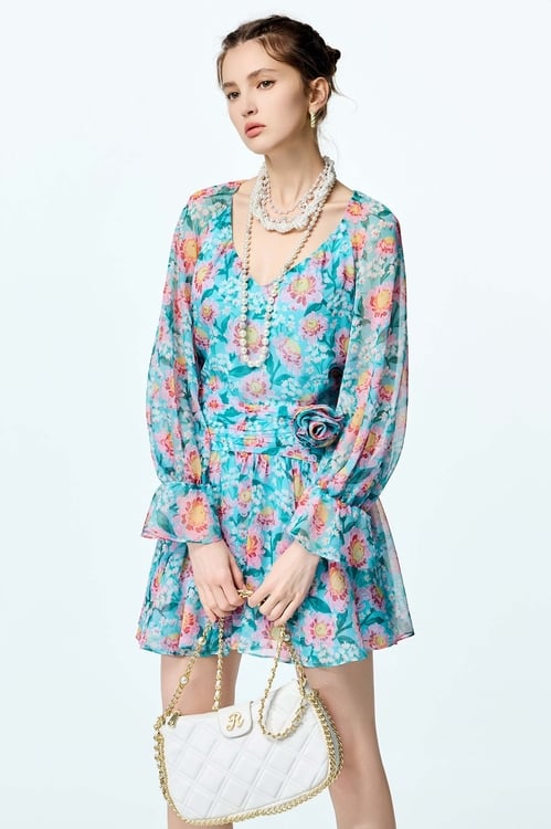 Floral Print Long Sleeve Short Dress,Chiffon