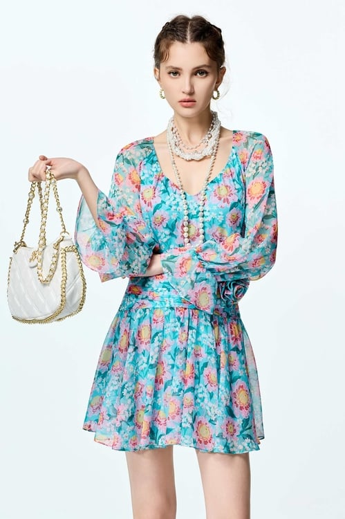 Floral Print Long Sleeve Short Dress,Chiffon
