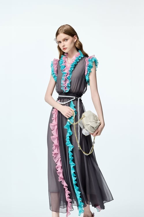 Contrast Colour Ruffle Trim Detail Chiffon Dress,Chiffon