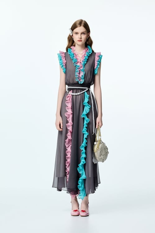Contrast Colour Ruffle Trim Detail Chiffon Dress,Chiffon