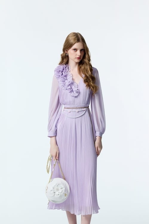 Pleated Ruffle Detail Chiffon Purple Dress,Chiffon