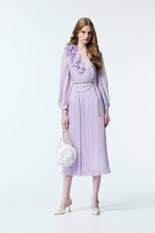 Pleated Ruffle Detail Chiffon Purple Dress,Chiffon