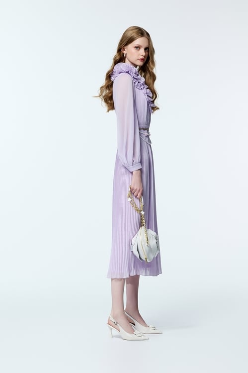 Pleated Ruffle Detail Chiffon Purple Dress,Chiffon