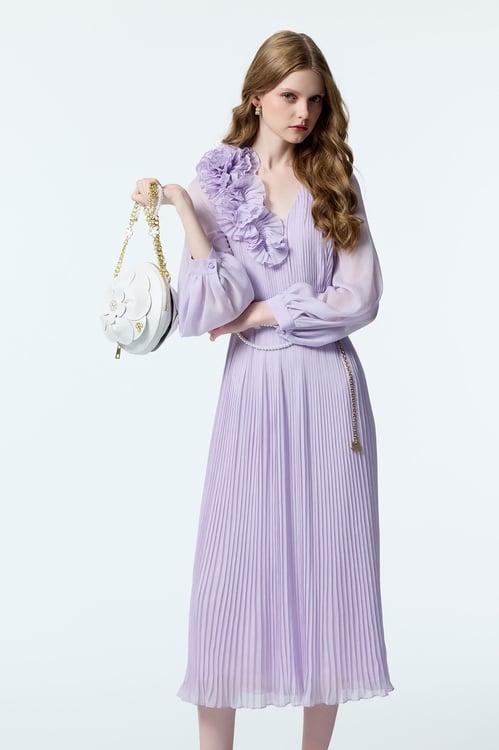 Pleated Ruffle Detail Chiffon Purple Dress,Chiffon