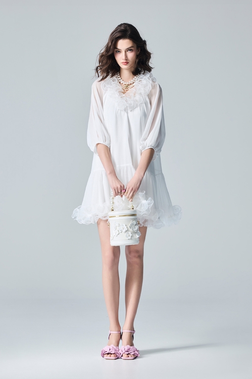 Ruffle Neckline White Chiffon Dress,dresses,Dresses