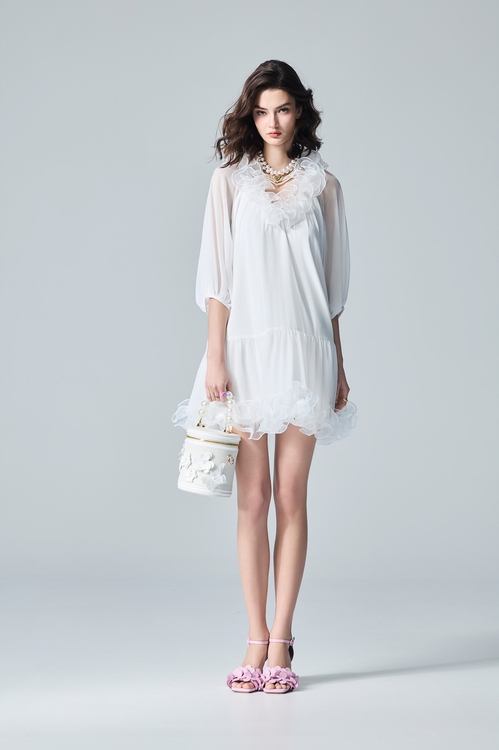 Ruffle Neckline White Chiffon Dress,dresses,Dresses