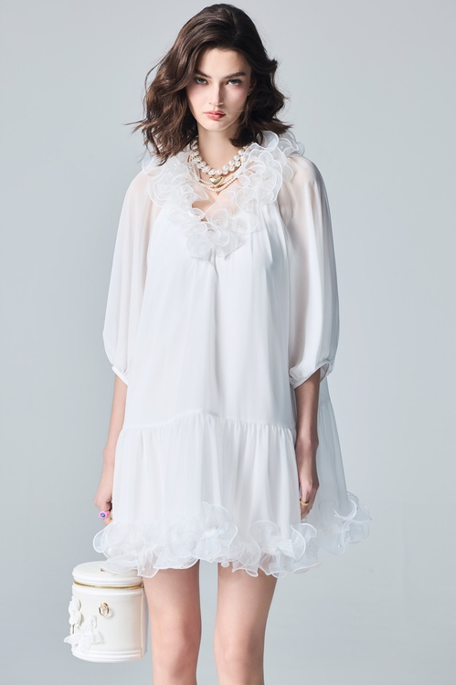 Ruffle Neckline White Chiffon Dress,dresses,Dresses