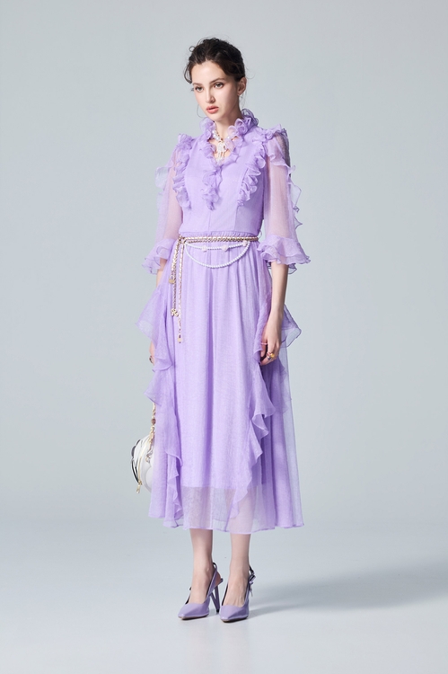 Ruffle Detail Purple Dress,dresses,Dresses