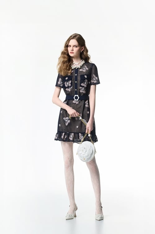 Butterfly Embridery Detail Lace Dress,Embroidered,Embroidered