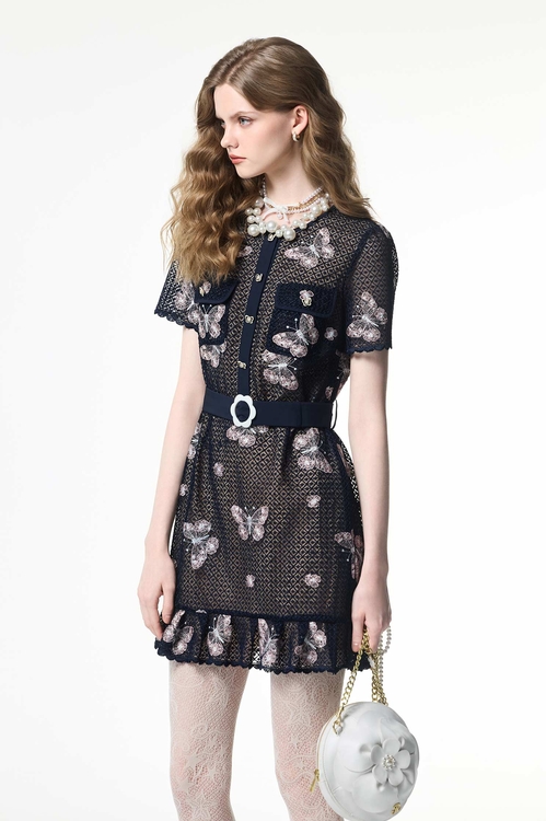 Butterfly Embridery Detail Lace Dress,Embroidered,Embroidered