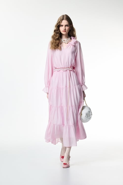 Long Sleeve Pink Maxi Dress,V-neck dresses