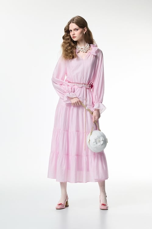 Long Sleeve Pink Maxi Dress,V-neck dresses