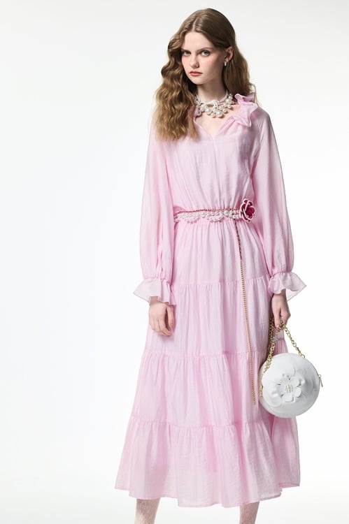Long Sleeve Pink Maxi Dress,V-neck dresses