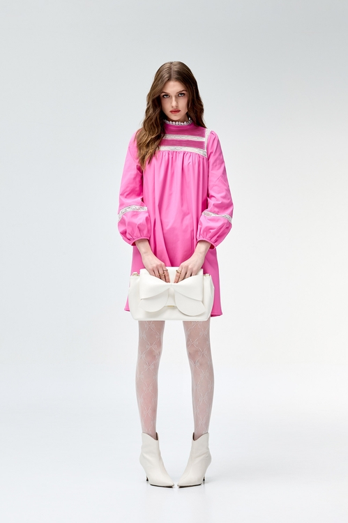 Pink Dress With White Lace Trim Detail,Lace dresses,Lace dresses