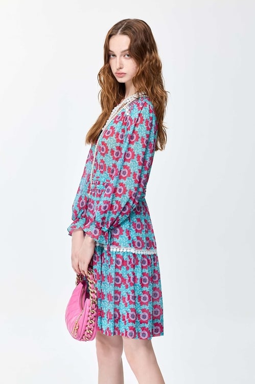 Floral Print V-neck Dress,Crossbody bags