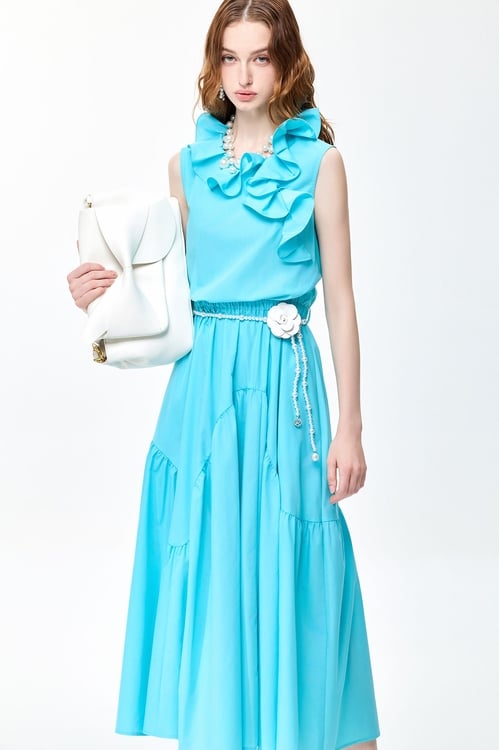 Ruffle Collar Cyan Sleeveless Dress,V-neck dresses