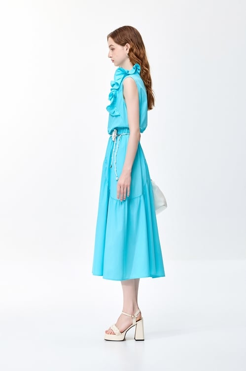 Ruffle Collar Cyan Sleeveless Dress,V-neck dresses