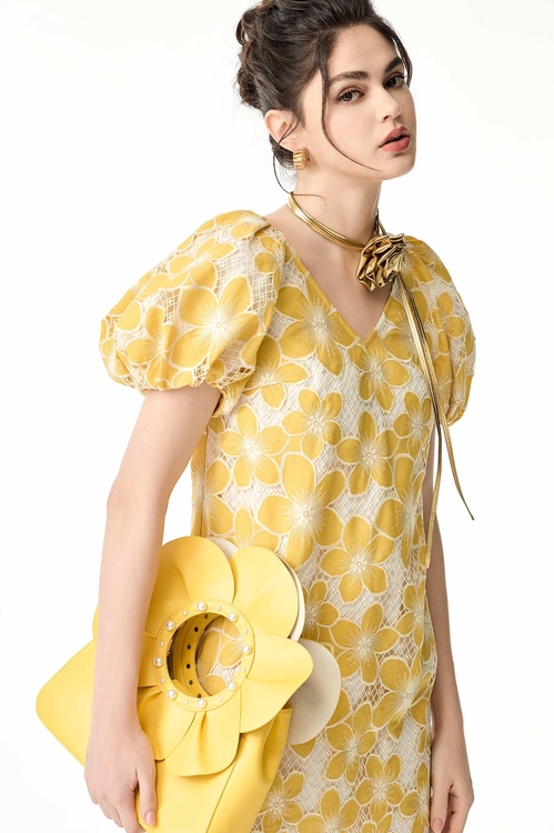 Puff Sleeve Floral Embroidery Dress,V-neck dresses