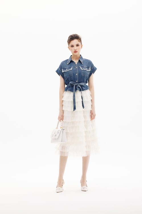 Tiered Skirt Denim Dress,dresses,Dresses