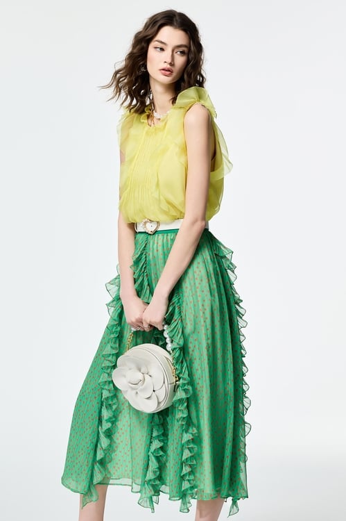 Pintuck Detail Ruffle Chiffon Vest,Chiffon tops