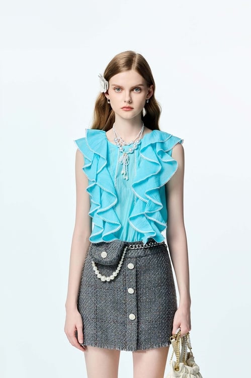 Front Ruffle Detail Blue Vest,Lace tops,Lace tops