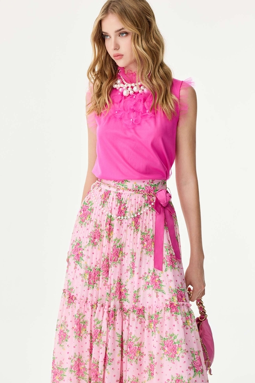 Pink Ruffle Mesh Detail Vest,Mesh fabric