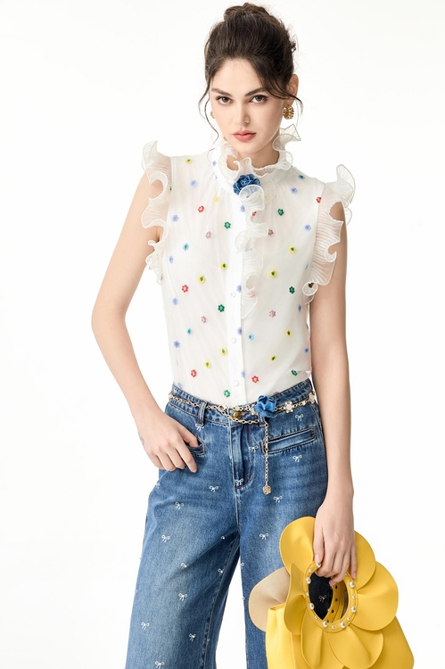 Floral Embroidery Ruffle Vest,Embroidered tops