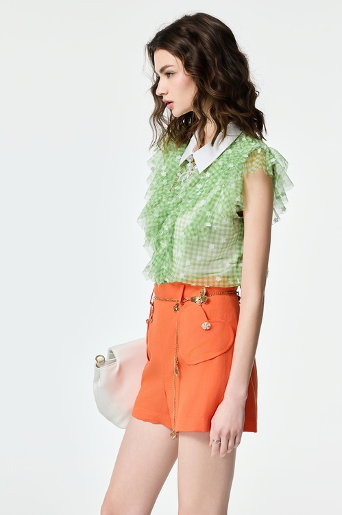 Contrast Floral Ruffle Detail Plaid Vest,City Feminine